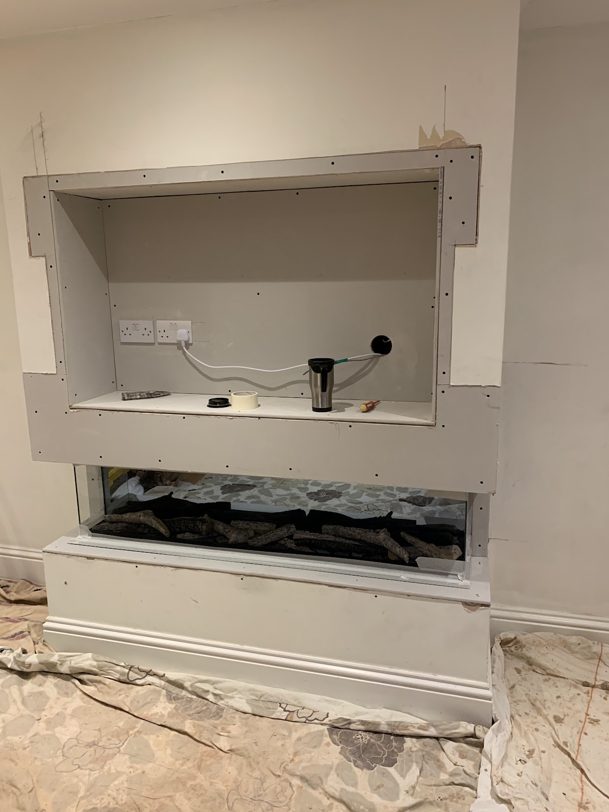 Media wall build with recessed electric fire